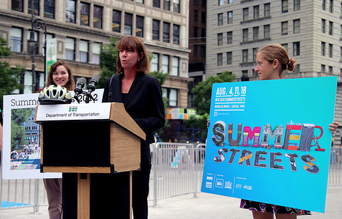 New York Transportation Department chief at a podium