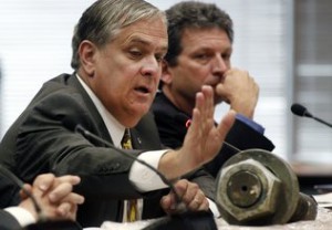 Cracked Bolt on Display during Discussion Caltrans officials with broken bolts